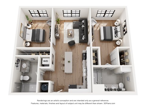 Floor plan for 2 beds, 2 baths, 1020 sqft